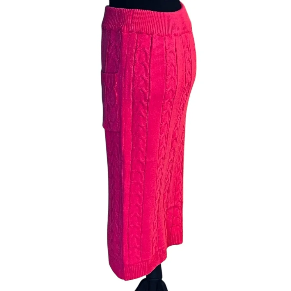 Pink Cable Knit Midi Sweater Skirt M Elastic Waist Ribbed‎ Pencil